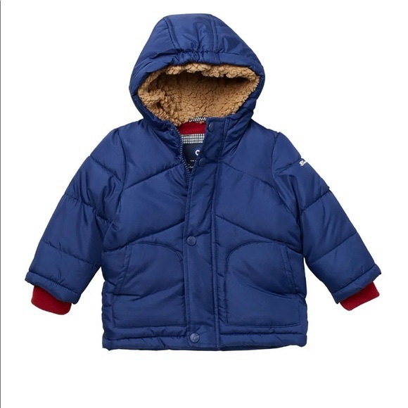 Ben Sherman Other - NEW Ben Sherman Puffer Jacket Sherpa hood, fleece lined Coat Blue Red 12 months